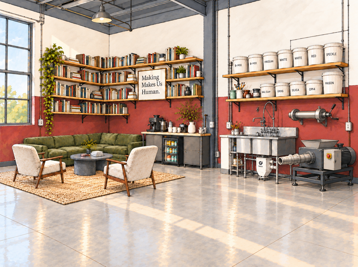 Concept rendering of the library and coffee lounge with lounge seating, bookshelves, coffee station, sink, pugmill, and clay extruder